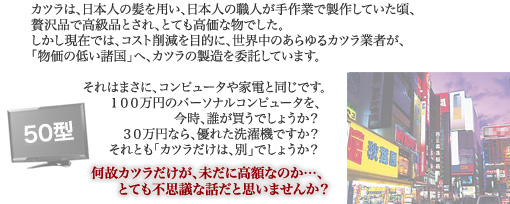 カツラは、日本人の髪を用い、日本人の職人が手作業で製作していた頃、贅沢品で高級品とされ、とても高価な物でした。しかし現在では、コスト削減を目的に、世界中のあらゆるカツラ事業者が、「物価の低い諸国」へ、カツラの製造を委託しています。 それはまさに、コンピュータや家電と同じです。100万円のパーソナルコンピュータを、今時誰が買うでしょうか?30万円なら、優れた洗濯機ですか?それとも「カツラだけは、別」でしょうか?何故カツラだけが、未だに高額なのか…、とても不思議な話だと思いませんか?